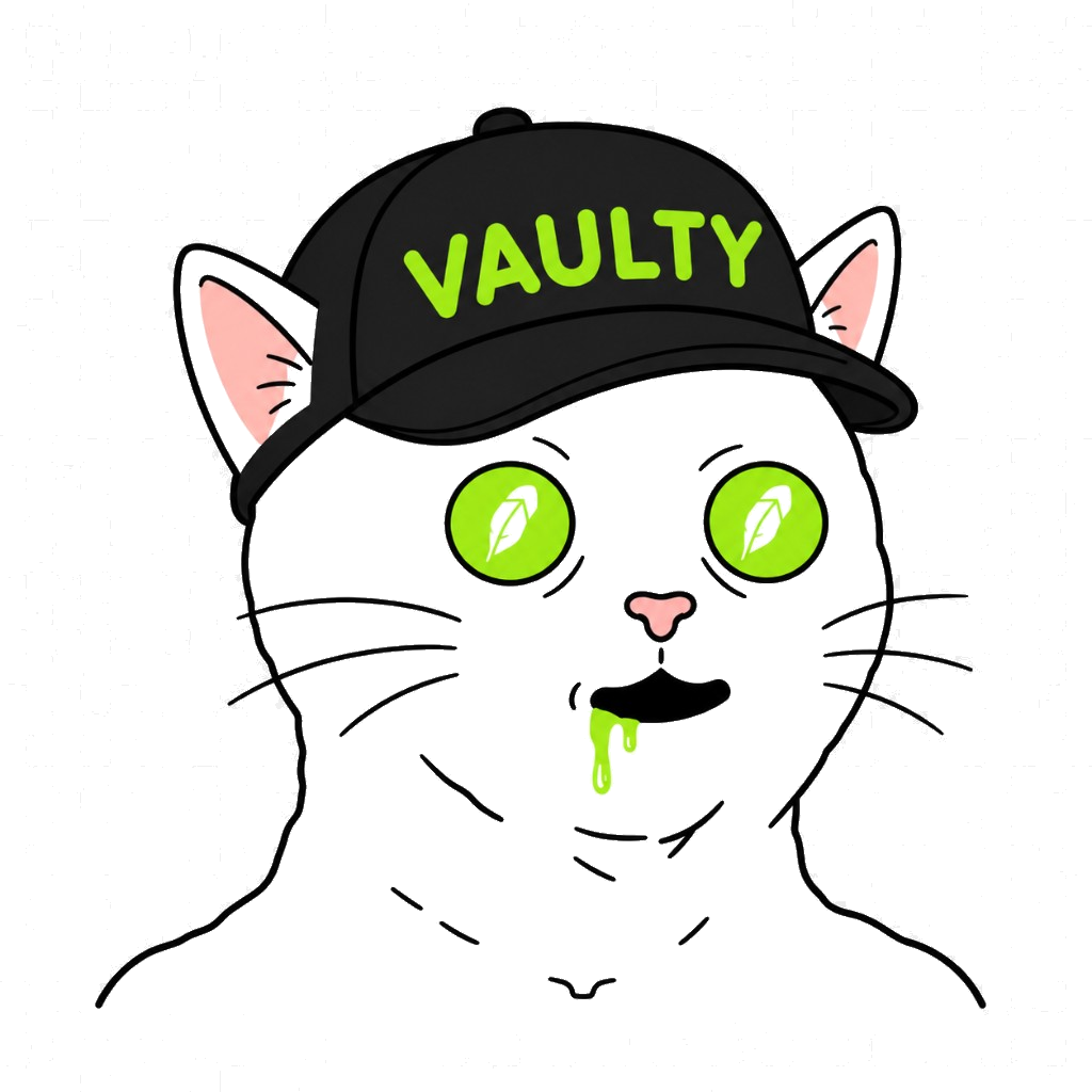 VAULTY mascot — white cat with Robin Neon eyes and VAULTY cap